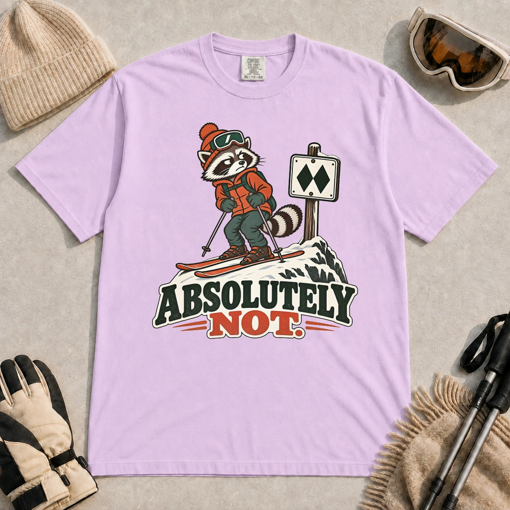 Orchid tee featuring a wary raccoon skier beside a double black diamond trail sign above the phrase “Absolutely Not.”