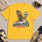 Mustard tee featuring a wary raccoon skier beside a double black diamond trail sign above the phrase “Absolutely Not.”