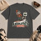 Dark Heather Gray tee featuring a wary raccoon skier beside a double black diamond trail sign above the phrase “Absolutely Not.”