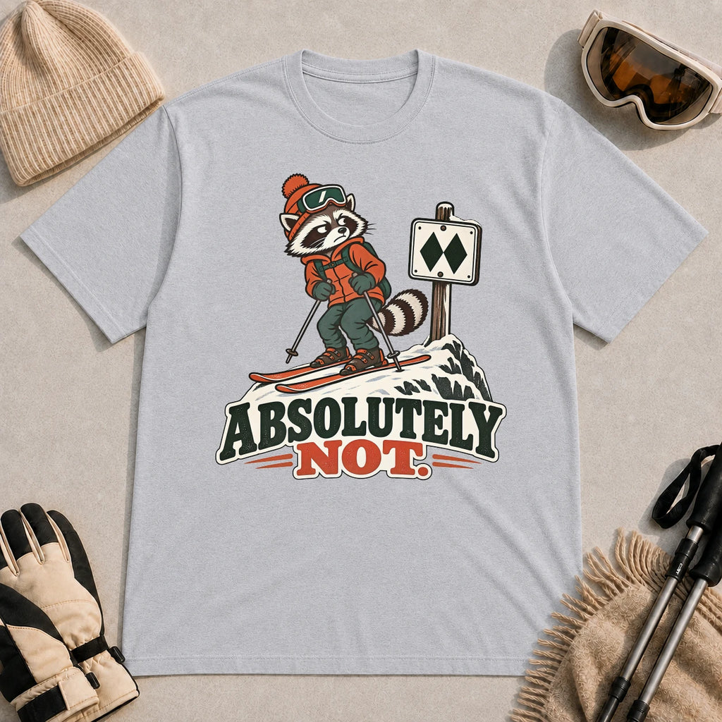 Sport Grey tee featuring a wary raccoon skier beside a double black diamond trail sign above the phrase “Absolutely Not.”