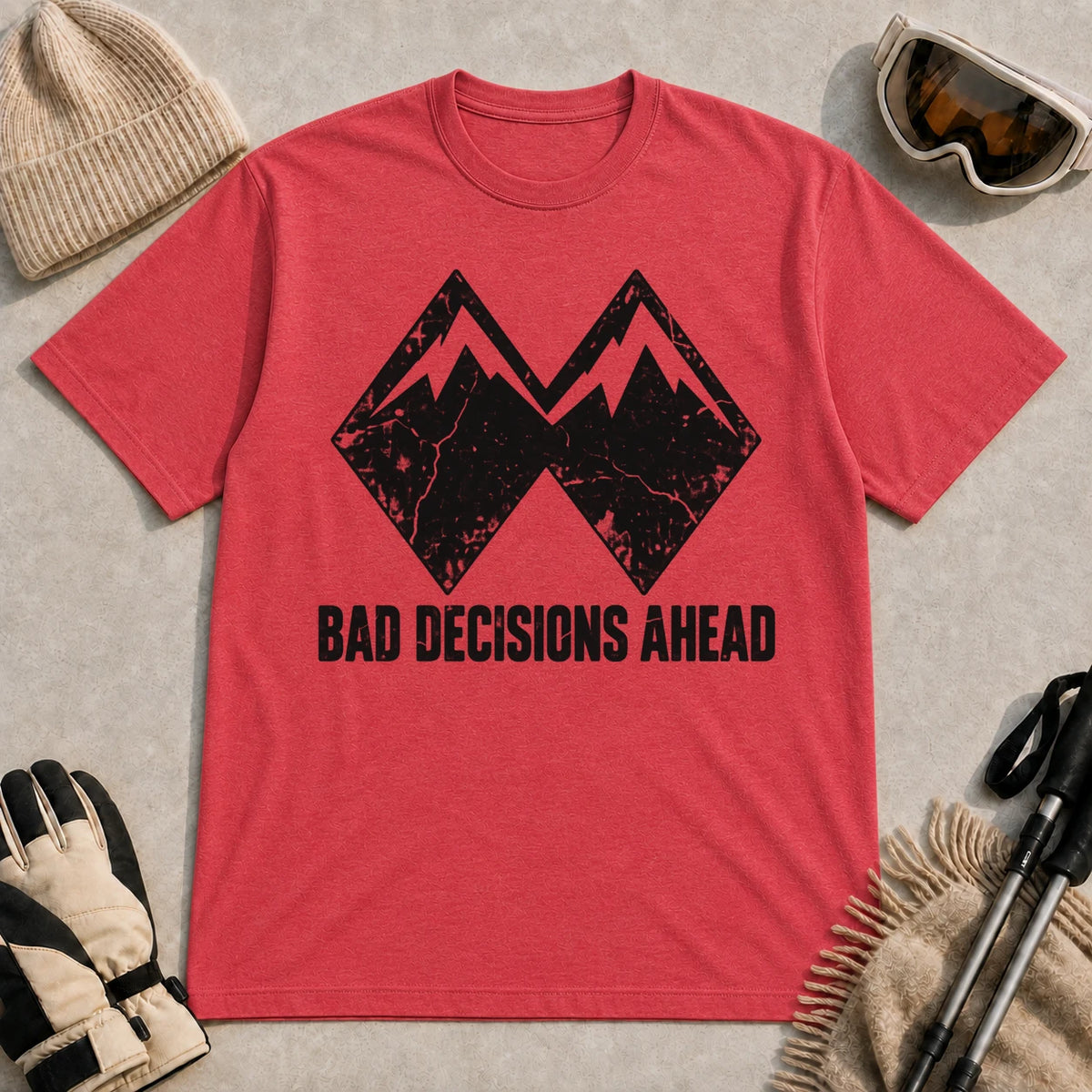 Heather Red tee featuring a distressed black double-mountain graphic above the phrase “Bad Decisions Ahead.”