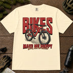 Ivory tee featuring a red mountain bike in front of bold retro “Bikes” lettering with the phrase “Make Me Happy, You Not So Much.”