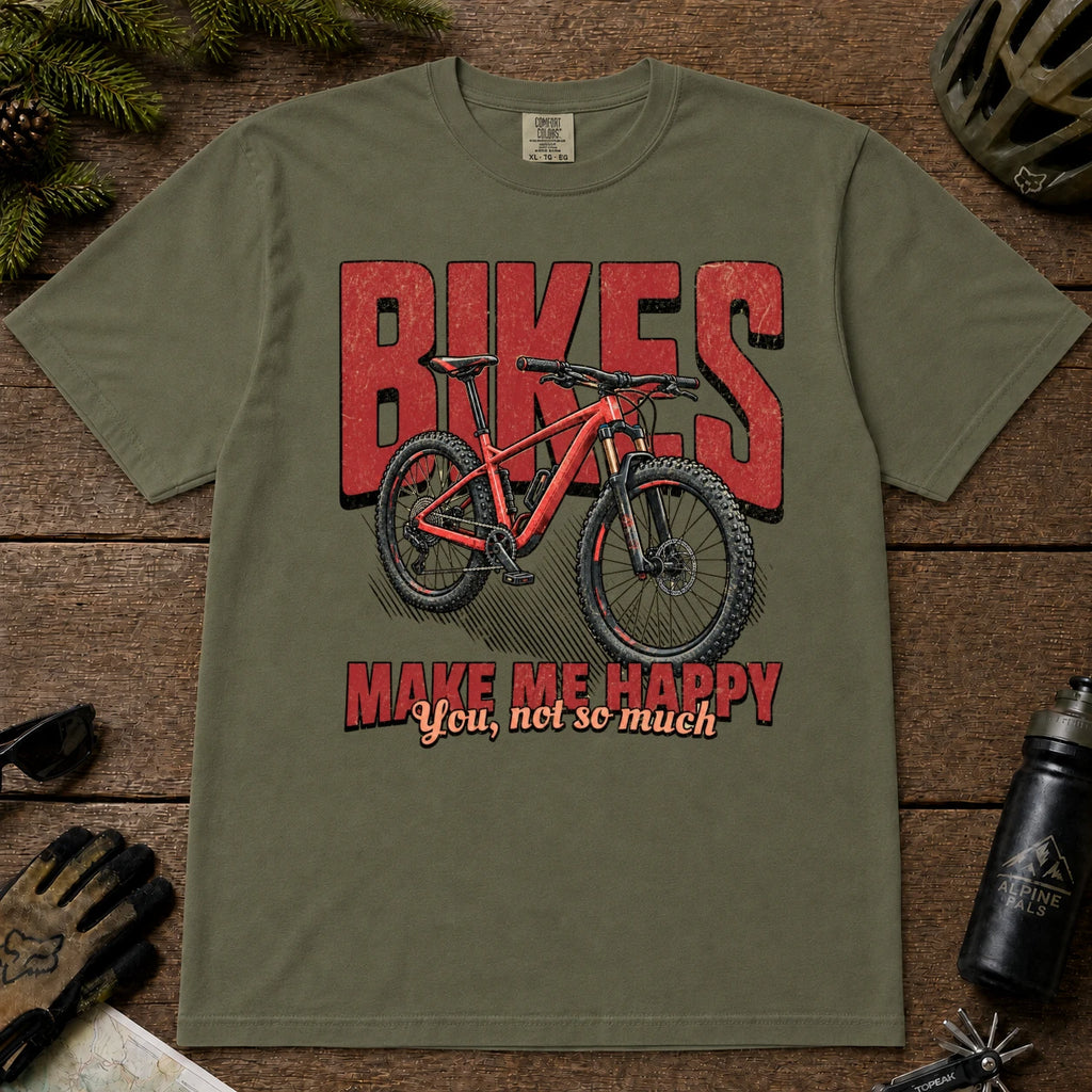 Moss tee featuring a red mountain bike in front of bold retro “Bikes” lettering with the phrase “Make Me Happy, You Not So Much.”