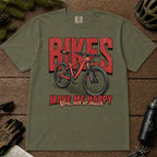 Moss tee featuring a red mountain bike in front of bold retro “Bikes” lettering with the phrase “Make Me Happy, You Not So Much.”