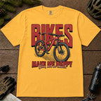 Mustard tee featuring a red mountain bike in front of bold retro “Bikes” lettering with the phrase “Make Me Happy, You Not So Much.”