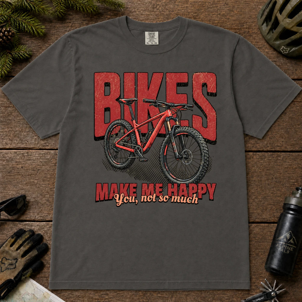 Pepper tee featuring a red mountain bike in front of bold retro “Bikes” lettering with the phrase “Make Me Happy, You Not So Much.”