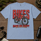 Washed Denim tee featuring a red mountain bike in front of bold retro “Bikes” lettering with the phrase “Make Me Happy, You Not So Much.”