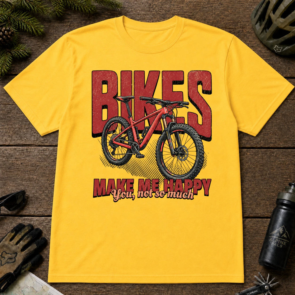 Daisy tee featuring a red mountain bike in front of bold retro “Bikes” lettering with the phrase “Make Me Happy, You Not So Much.”