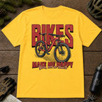 Daisy tee featuring a red mountain bike in front of bold retro “Bikes” lettering with the phrase “Make Me Happy, You Not So Much.”