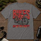 Graphite Heather tee featuring a red mountain bike in front of bold retro “Bikes” lettering with the phrase “Make Me Happy, You Not So Much.”