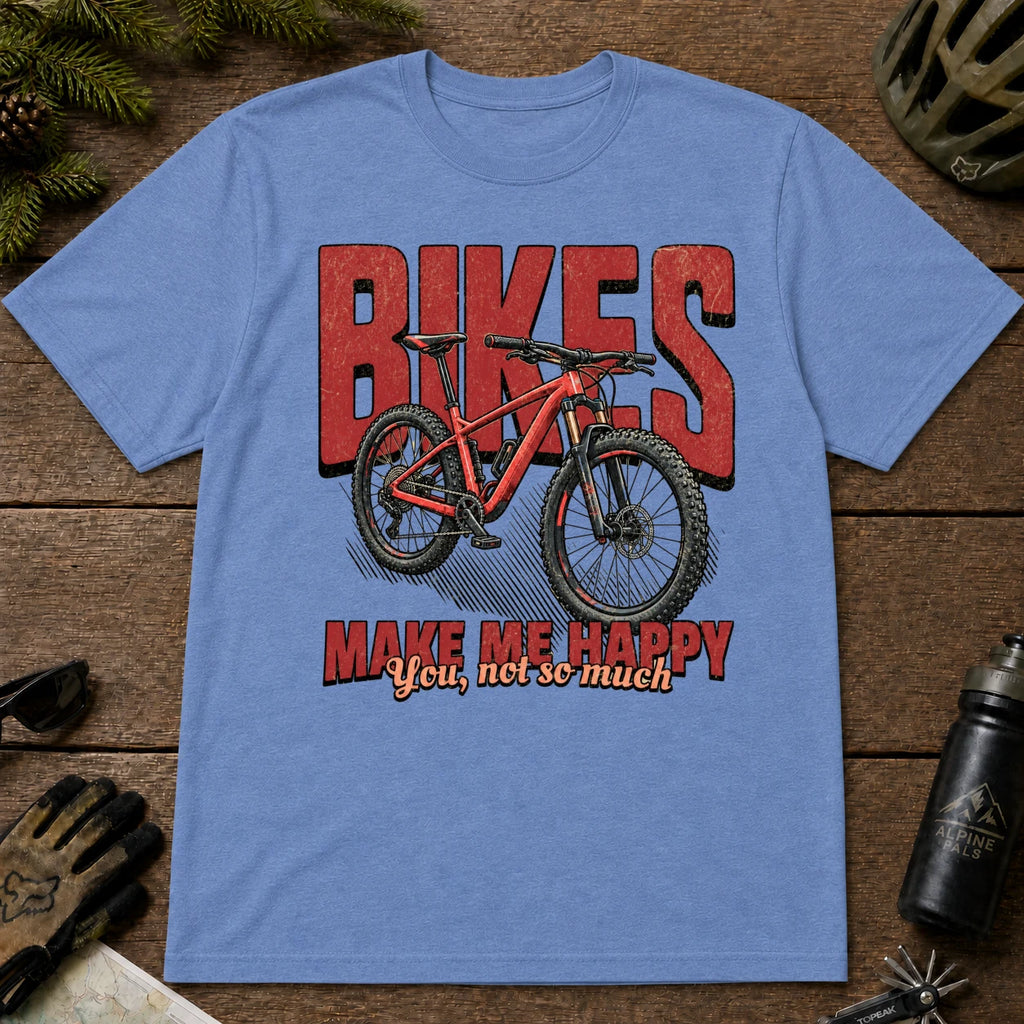 Heather Royal tee featuring a red mountain bike in front of bold retro “Bikes” lettering with the phrase “Make Me Happy, You Not So Much.”