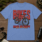 Heather Royal tee featuring a red mountain bike in front of bold retro “Bikes” lettering with the phrase “Make Me Happy, You Not So Much.”