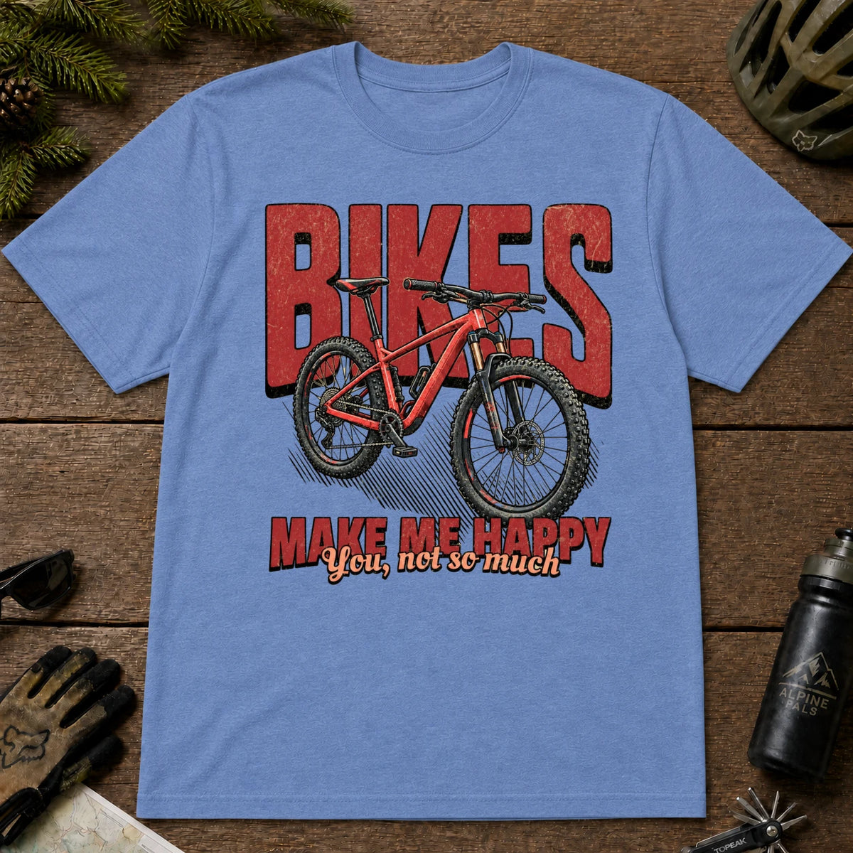 Heather Royal tee featuring a red mountain bike in front of bold retro “Bikes” lettering with the phrase “Make Me Happy, You Not So Much.”