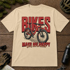 Sand tee featuring a red mountain bike in front of bold retro “Bikes” lettering with the phrase “Make Me Happy, You Not So Much.”