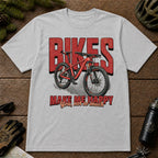 Sport Grey tee featuring a red mountain bike in front of bold retro “Bikes” lettering with the phrase “Make Me Happy, You Not So Much.”