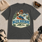 Dark Heather Gray tee featuring a cheerful bear snowboarding past a blue-square trail sign above the phrase “Blue Square Enthusiast” with “Groomers. Good Vibes. More Runs.”