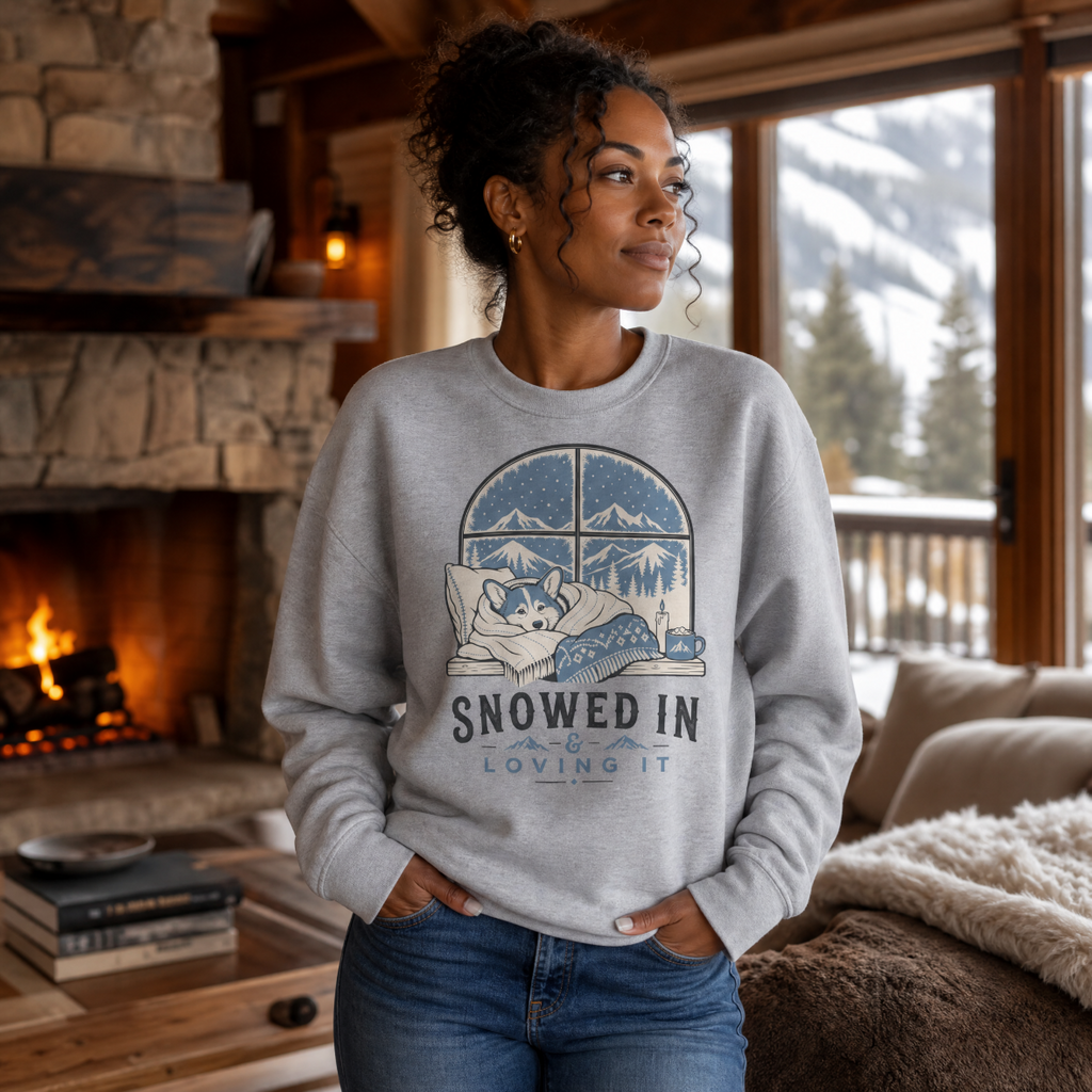 Woman wearing a sport gray sweatshirt with a graphic design of a dog and mountains, standing in a cozy living room with a fireplace and snowy view.