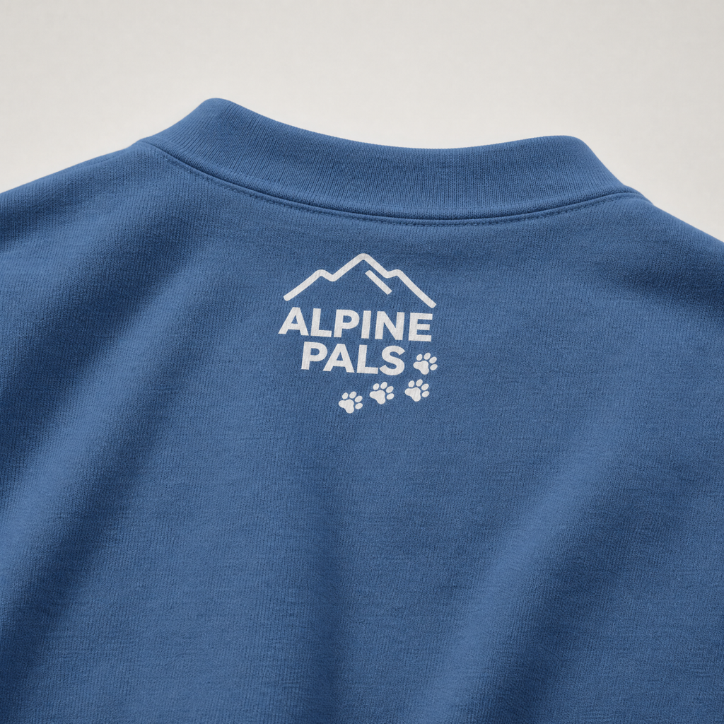 Indigo blue shirt with 'Alpine Pals' logo on a light gray background