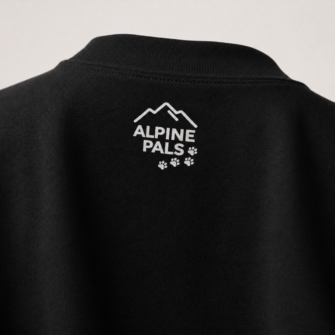 Black shirt with 'Alpine Pals' logo on a light gray background