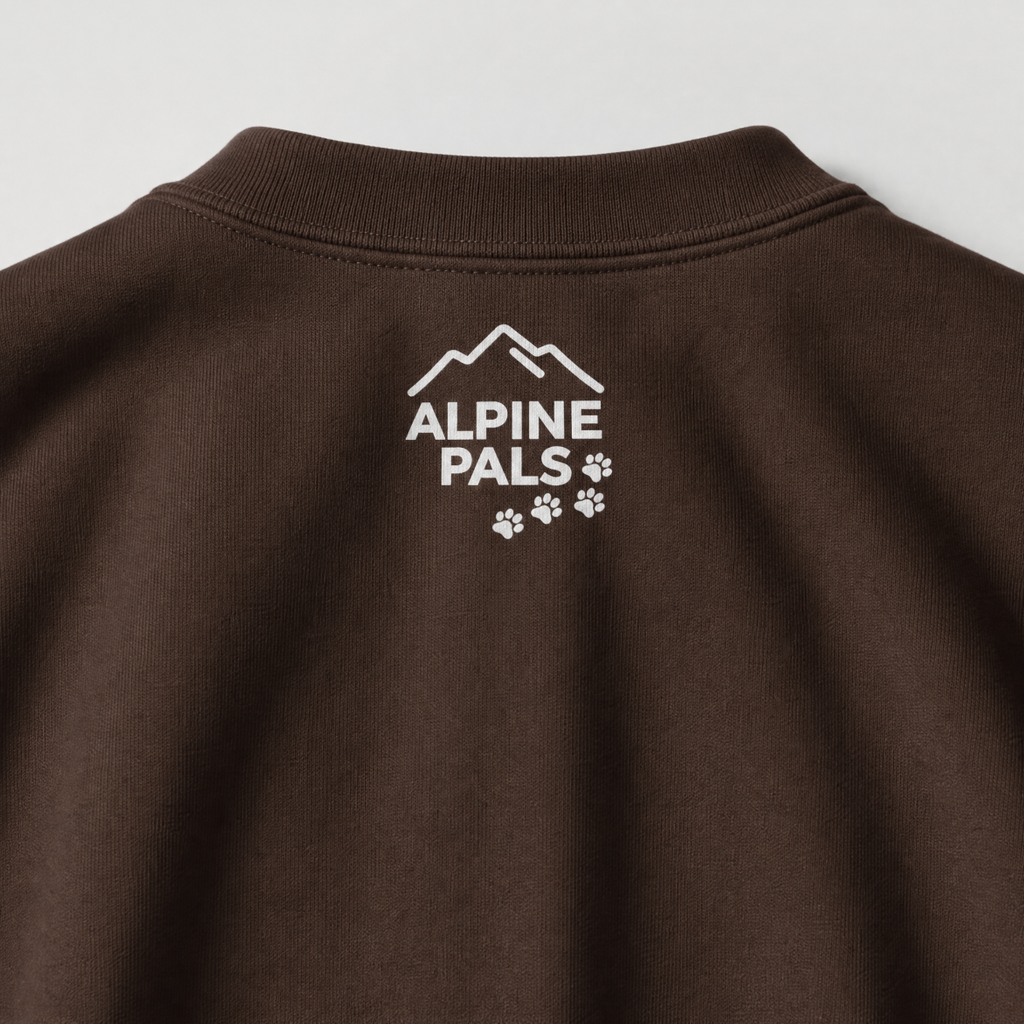 Dark chocolate brown sweatshirt with 'Alpine Pals' logo on a light gray background