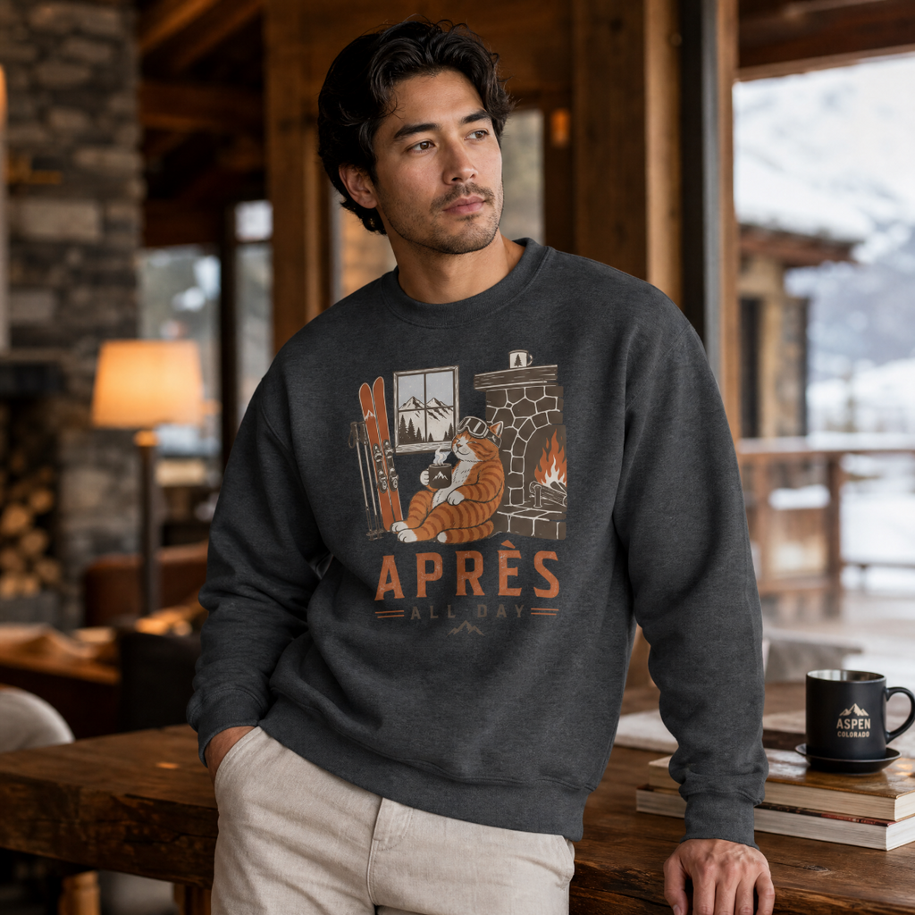 Man wearing a dark heather gray sweatshirt with a graphic design in a cozy indoor setting