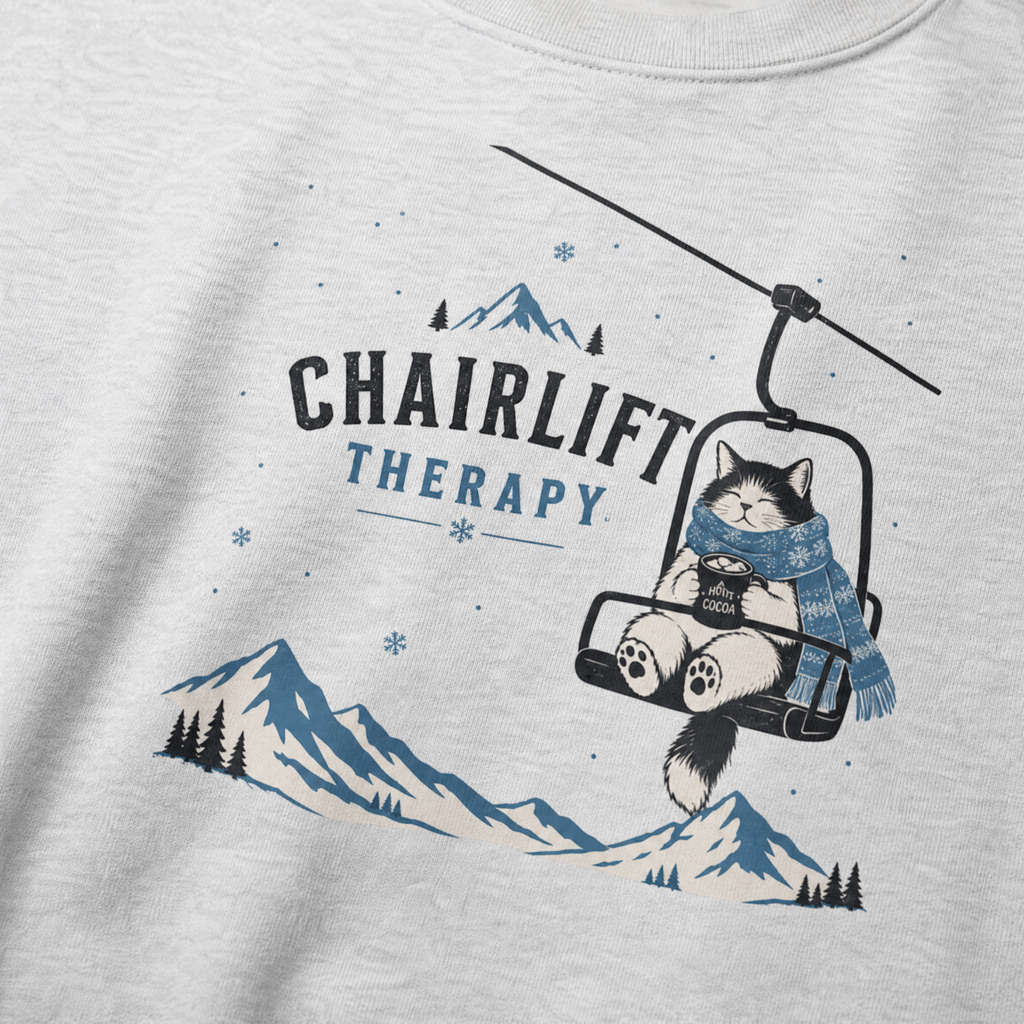 Ash gray sweatshirt with a cat on a chairlift graphic and 'Chairlift Therapy' text.