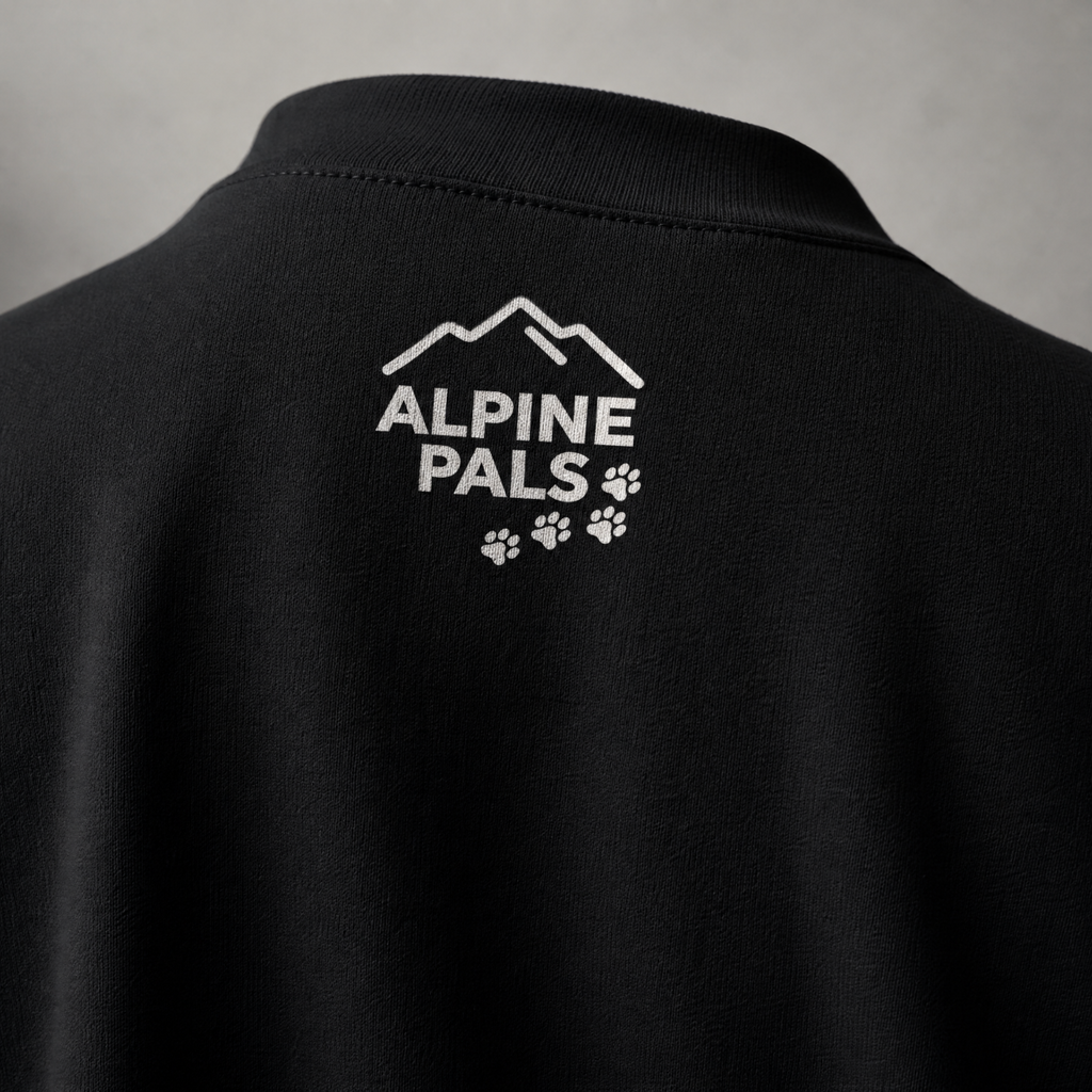 Black sweater with 'Alpine Pals' logo on the back against a gray background