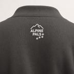 Charcoal gray sweater with 'Alpine Pals' logo on the back.