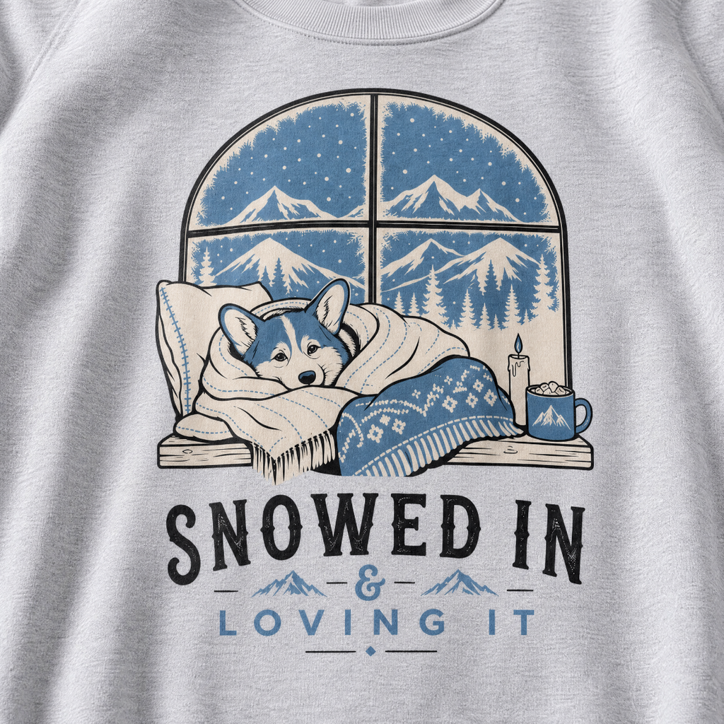 Sport gray sweatshirt with a graphic of a dog by a window with mountains, text 'Snowed In & Loving It', and a mug of hot chocolate.