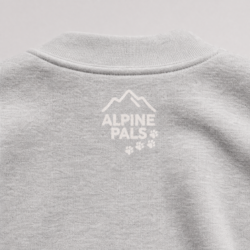 Ash gray sweatshirt with 'Alpine Pals' logo on a light gray background