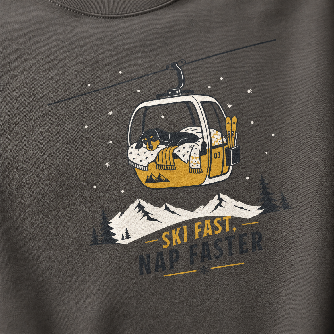 Graphic of a dog in a ski lift and 'Ski Fast, Nap Faster' text on a Charcoal gray background.