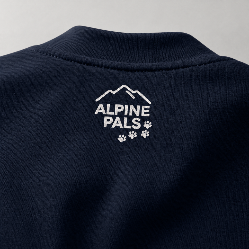 Navy blue sweater with 'Alpine Pals' logo on a gray background