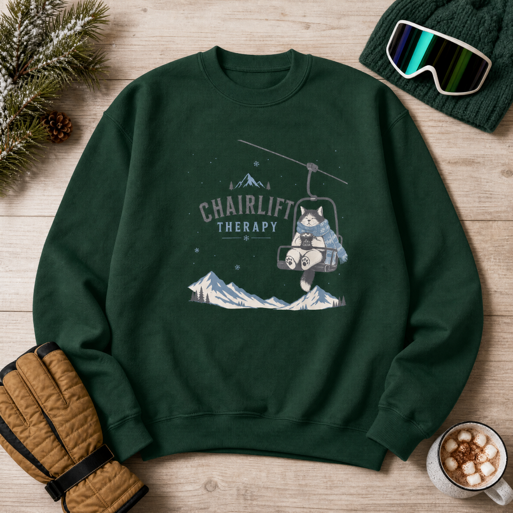 Forest green sweatshirt with 'Chairlift Therapy' graphic on a wooden surface with winter accessories.
