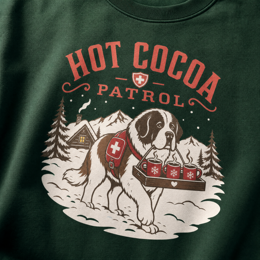 Forest green sweatshirt with a graphic of a dog in a hot cocoa patrol vest carrying trays of hot cocoa.