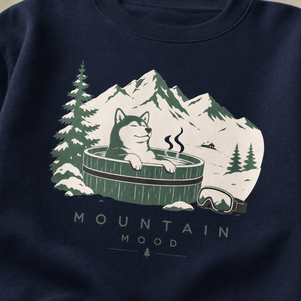 Navy blue sweatshirt with a graphic of a dog in a hot tub surrounded by mountains and trees.