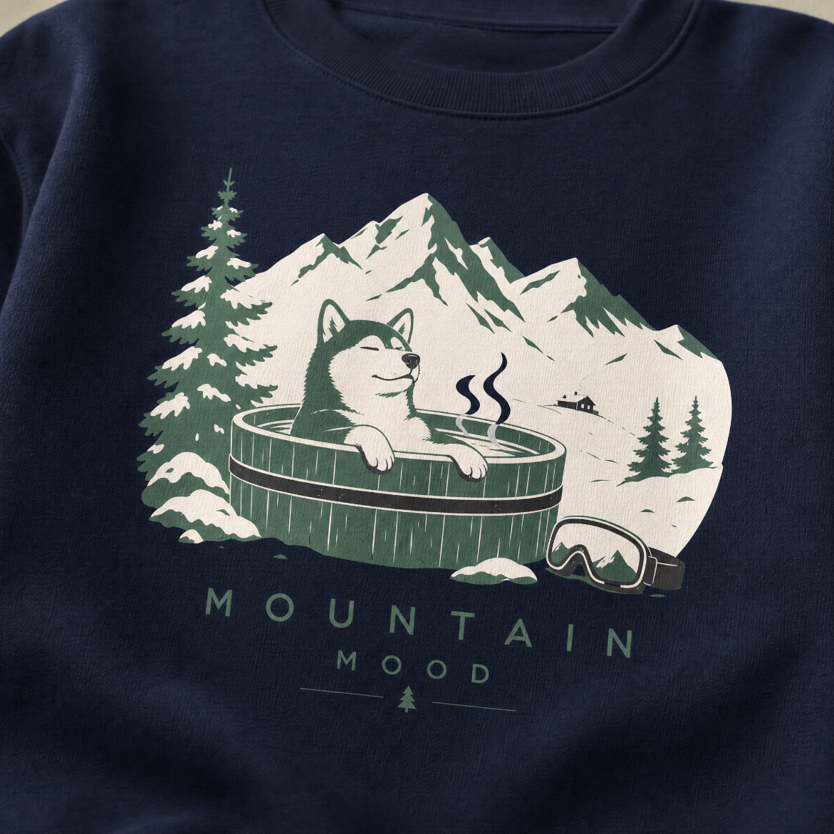 Navy blue sweatshirt with a graphic of a dog in a hot tub surrounded by mountains and trees.