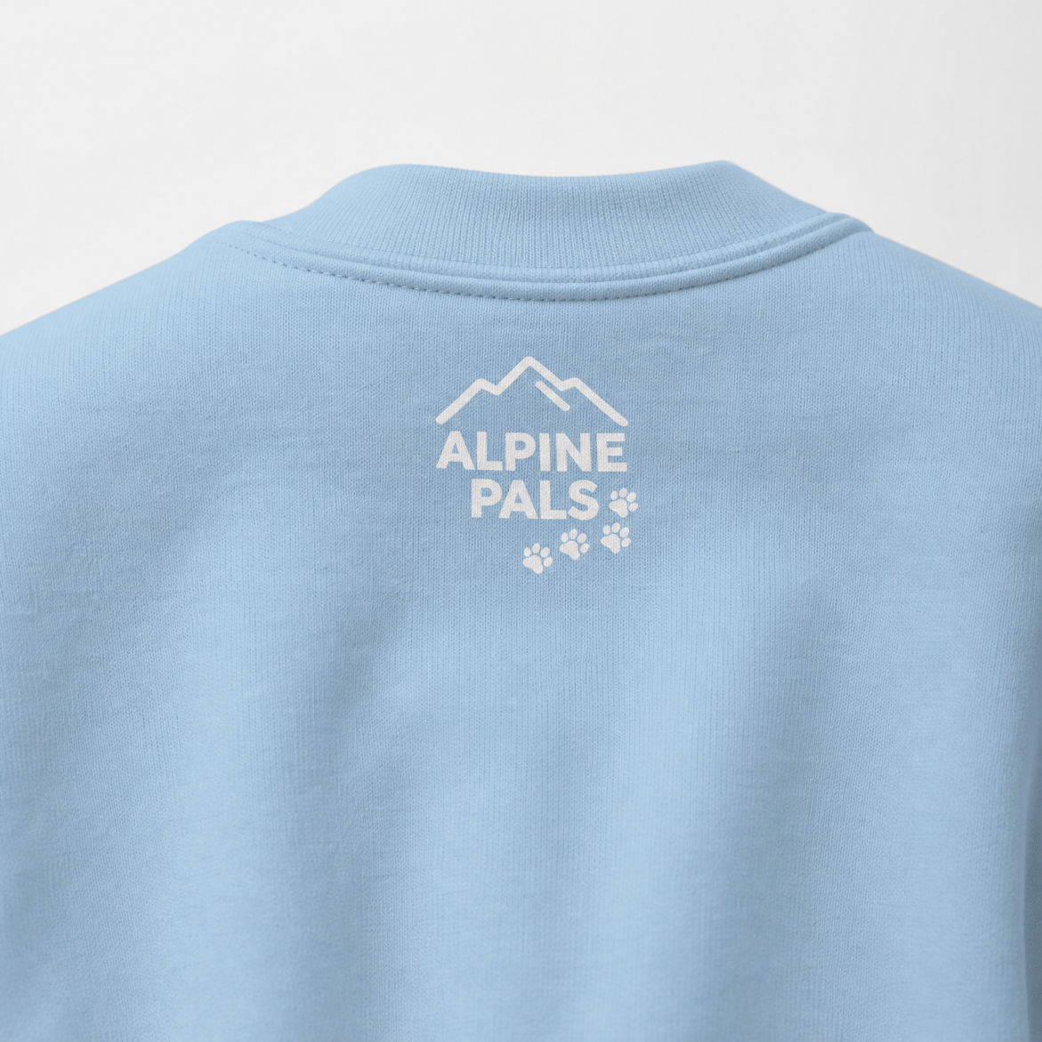 Light blue sweater with 'Alpine Pals' logo on the back against a light gray background