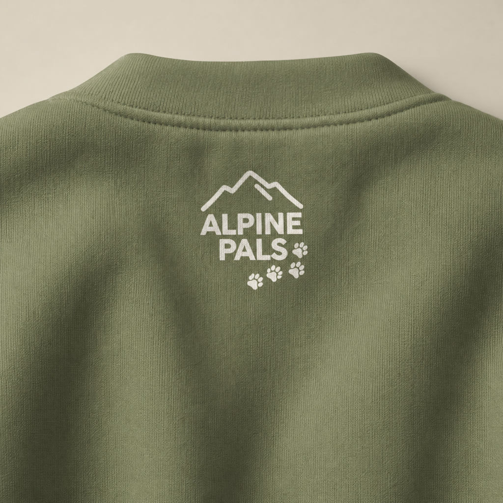 Military green sweatshirt with 'Alpine Pals' logo on a beige background