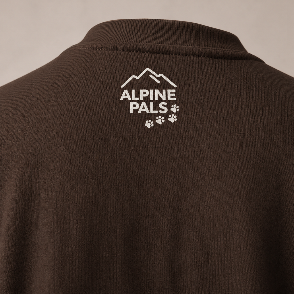 Dark chocolate brown sweater with 'Alpine Pals' logo on the back against a beige background