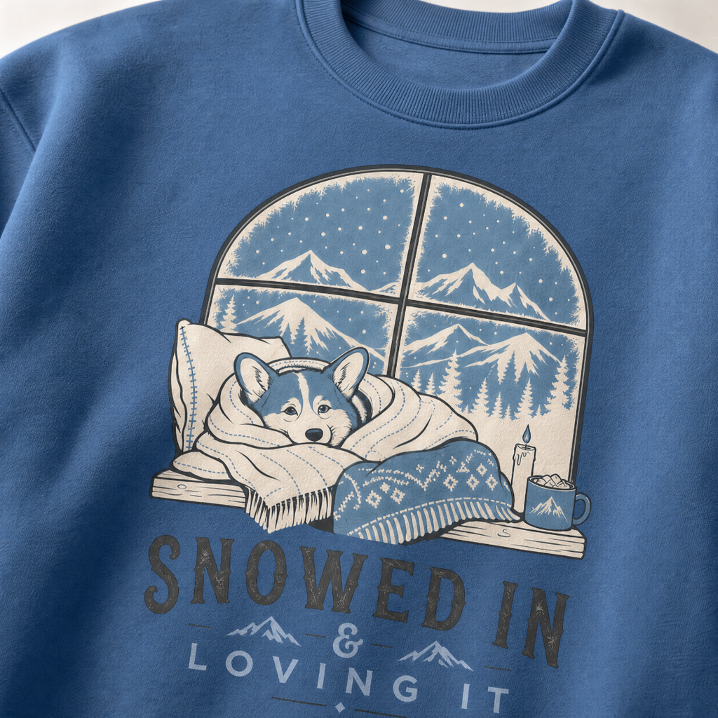 Indigo blue sweatshirt with a graphic of a dog by a window with mountains, text 'Snowed In & Loving It'.