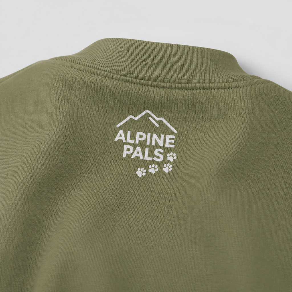 Military green shirt with 'Alpine Pals' logo on a white background