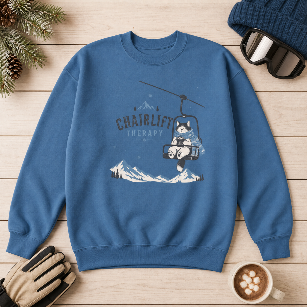 Indigo blue sweatshirt with a graphic design on a wooden surface with winter accessories.