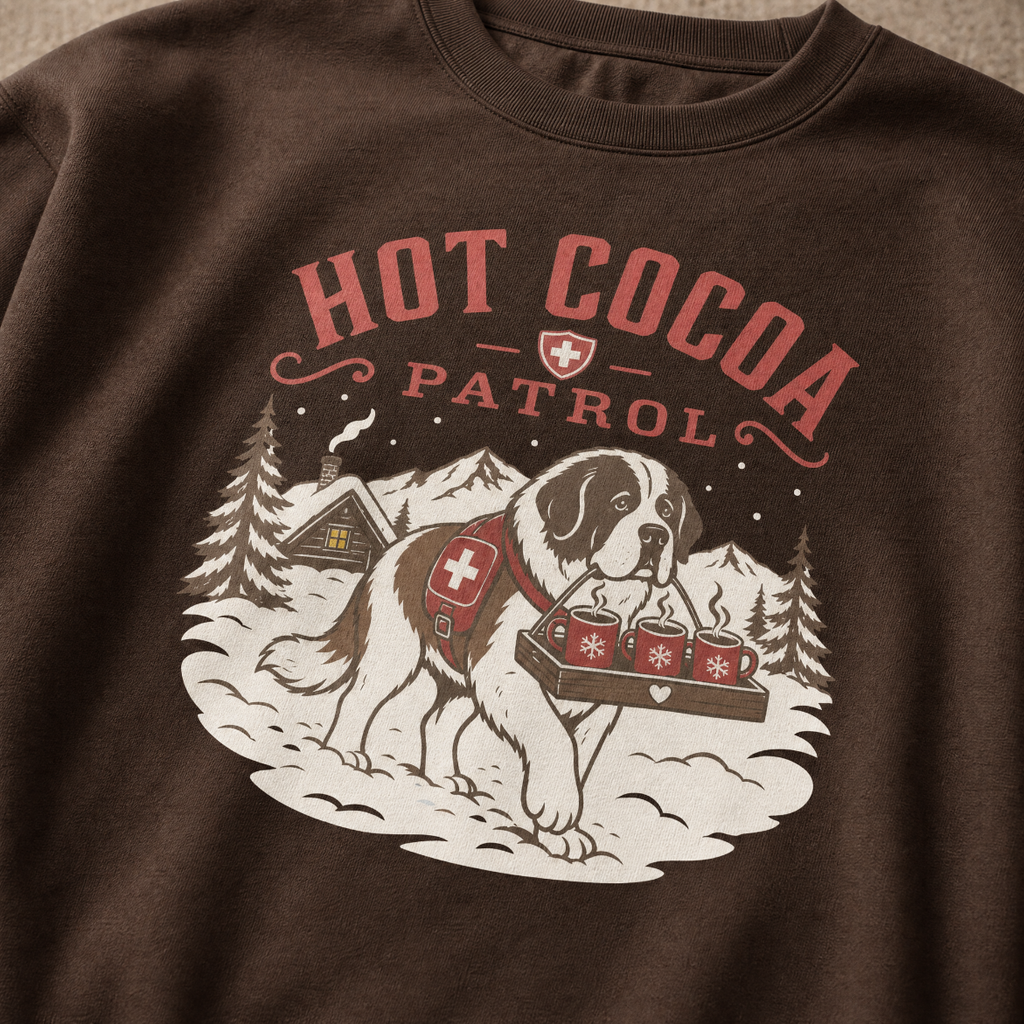 Dark chocolate brown sweatshirt with 'Hot Cocoa Patrol' graphic featuring a dog and hot cocoa mugs.