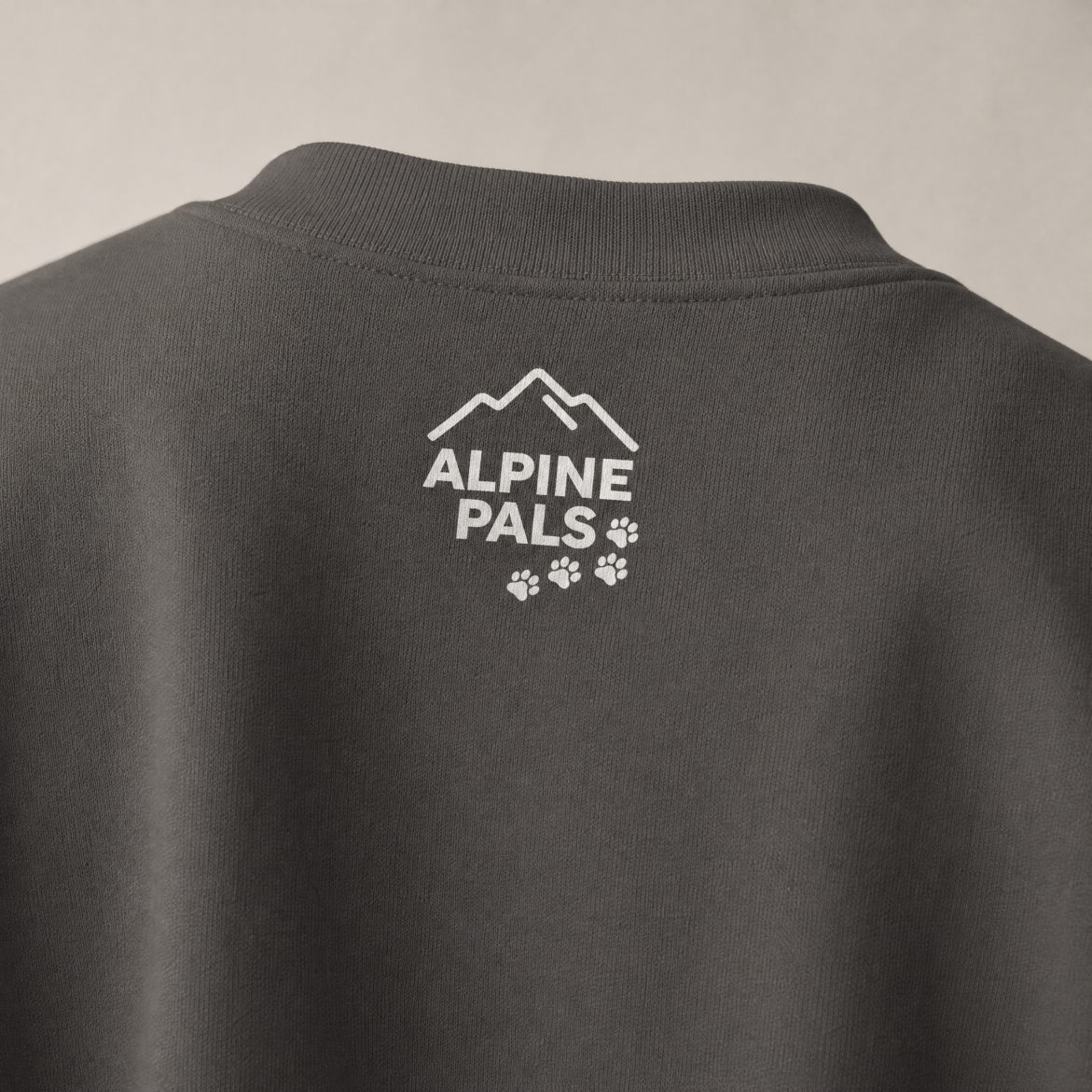 Charcoal gray sweatshirt with 'Alpine Pals' logo on a light background