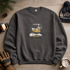 Charcoal gray sweatshirt with ski lift graphic on a wooden surface with winter accessories.
