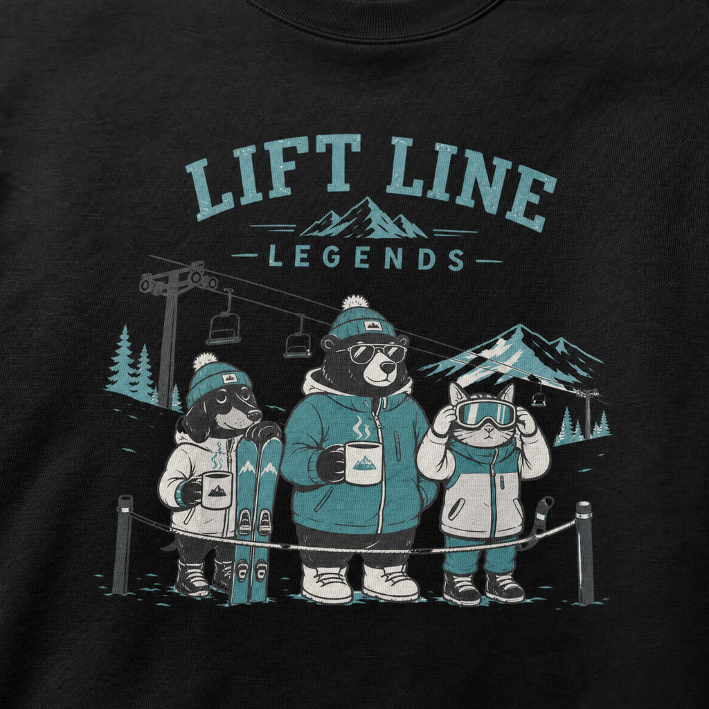 Black sweater with 'Lift Line Legends' graphic featuring cartoon bears and a dog at a ski resort.