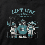 Black sweater with 'Lift Line Legends' graphic featuring cartoon bears and a dog at a ski resort.