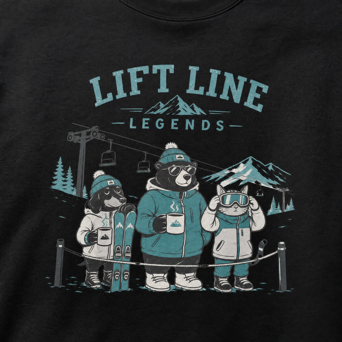 Black sweater with 'Lift Line Legends' graphic featuring cartoon bears and a dog at a ski resort.