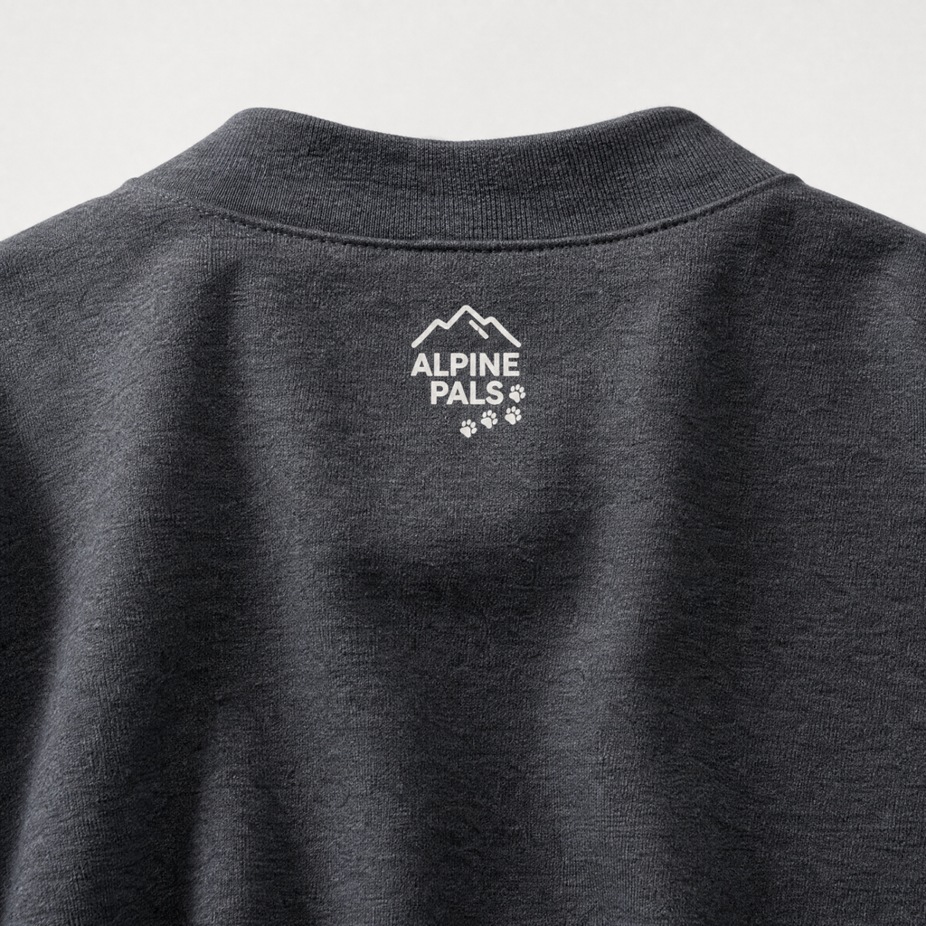 Dark heather gray sweatshirt with 'Alpine Pals' logo on a light gray background