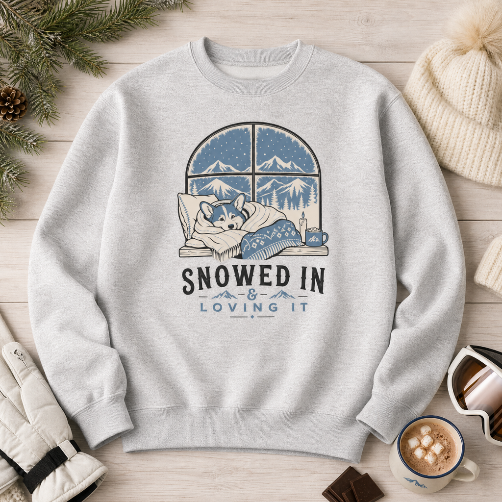 Ash gray sweatshirt with a graphic of a dog by a window and 'Snowed In & Loving It' text, placed on a wooden surface with winter accessories.